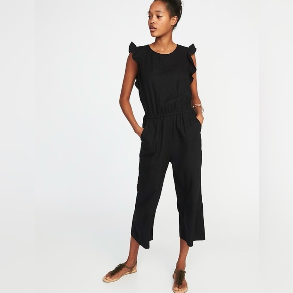 Old Navy | Black | Ruffle | Linen Blend |Sleeveless | Cropped | Romper  | Size S